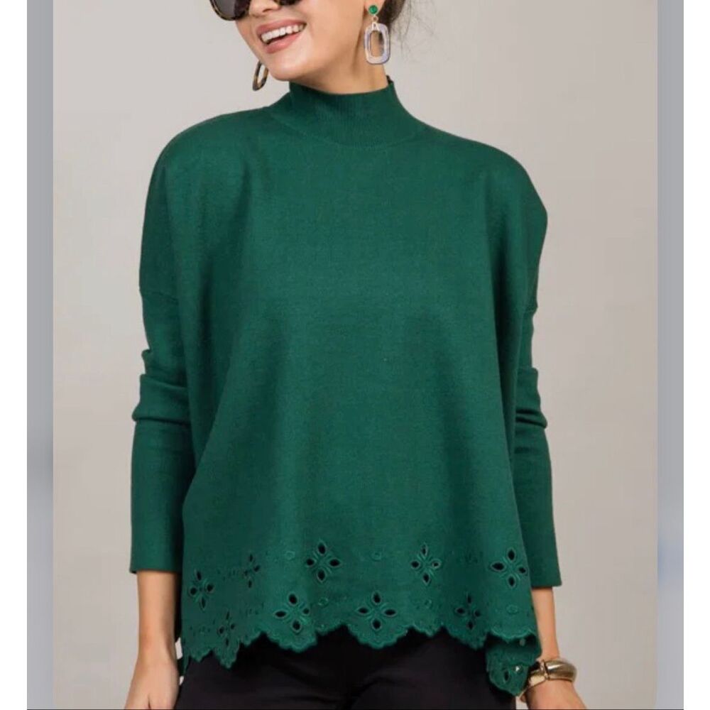 NWT Entro Sweater Womens Large Hunter Green Mock Neck Eyelet Hem Knit Oversized - Picture 6 of 15